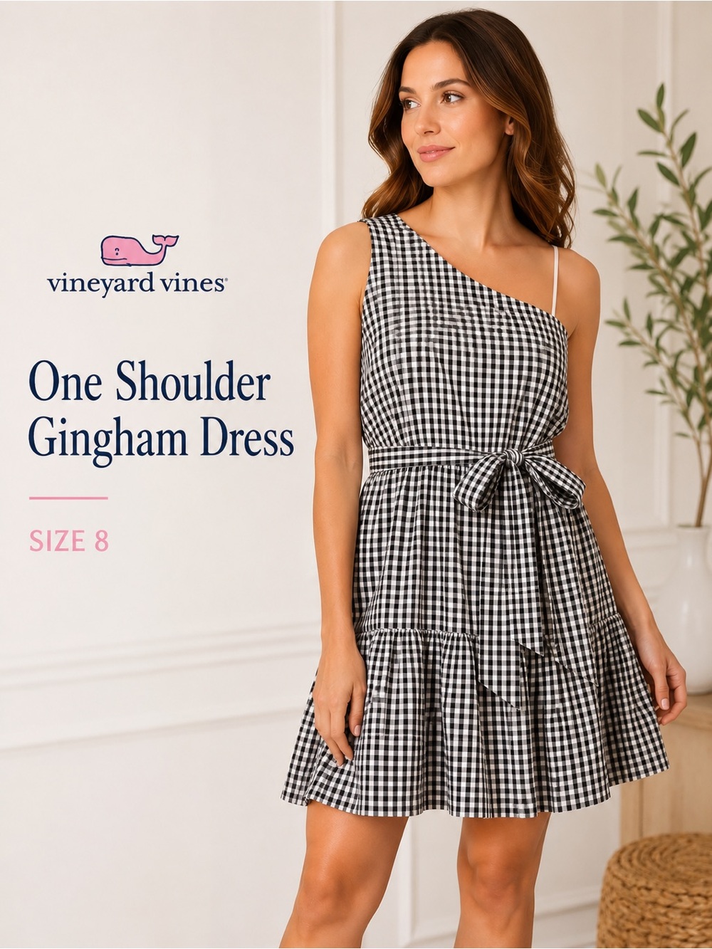 Vineyard Vines Black & White Gingham One-Shoulder Dress